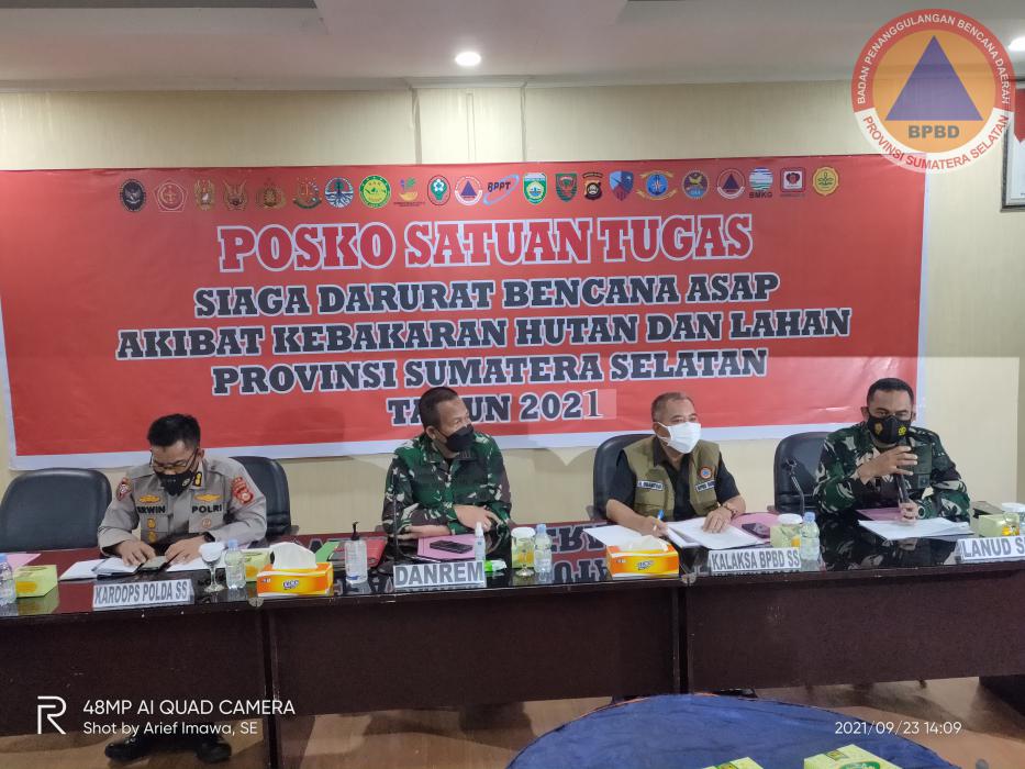 Kepala Pelaksana BPBD Provinsi Sumsel Bpk. H. Iriansyah Membuka Rapat Evaluasi dan Koordinasi Posko Satgas Karhutla Prov. Sumsel Tahun 2021
