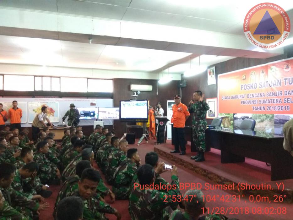Pelatihan Gabungan Penanggulangan Bencana Banjir Bersama TNI di Posko Banjir & Tanah Longsor  BPBD Prov. Sumsel
